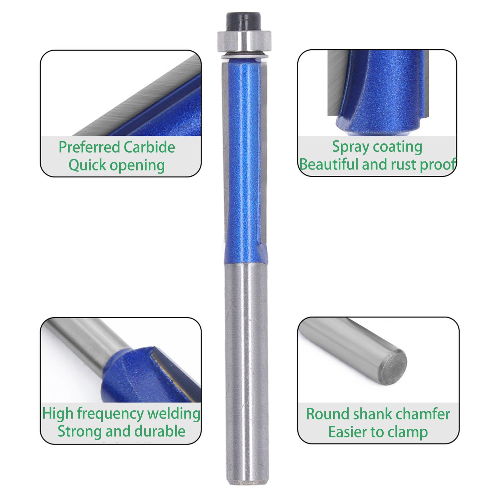 Mèche De Toupie En Spirale à Garniture Affleurante En Carbure Massif à Tige De 1/2 Po, Mèche De Toupie à Double Roulement En Alliage D'acier Au Tungstène, Coupe Ascendante Et