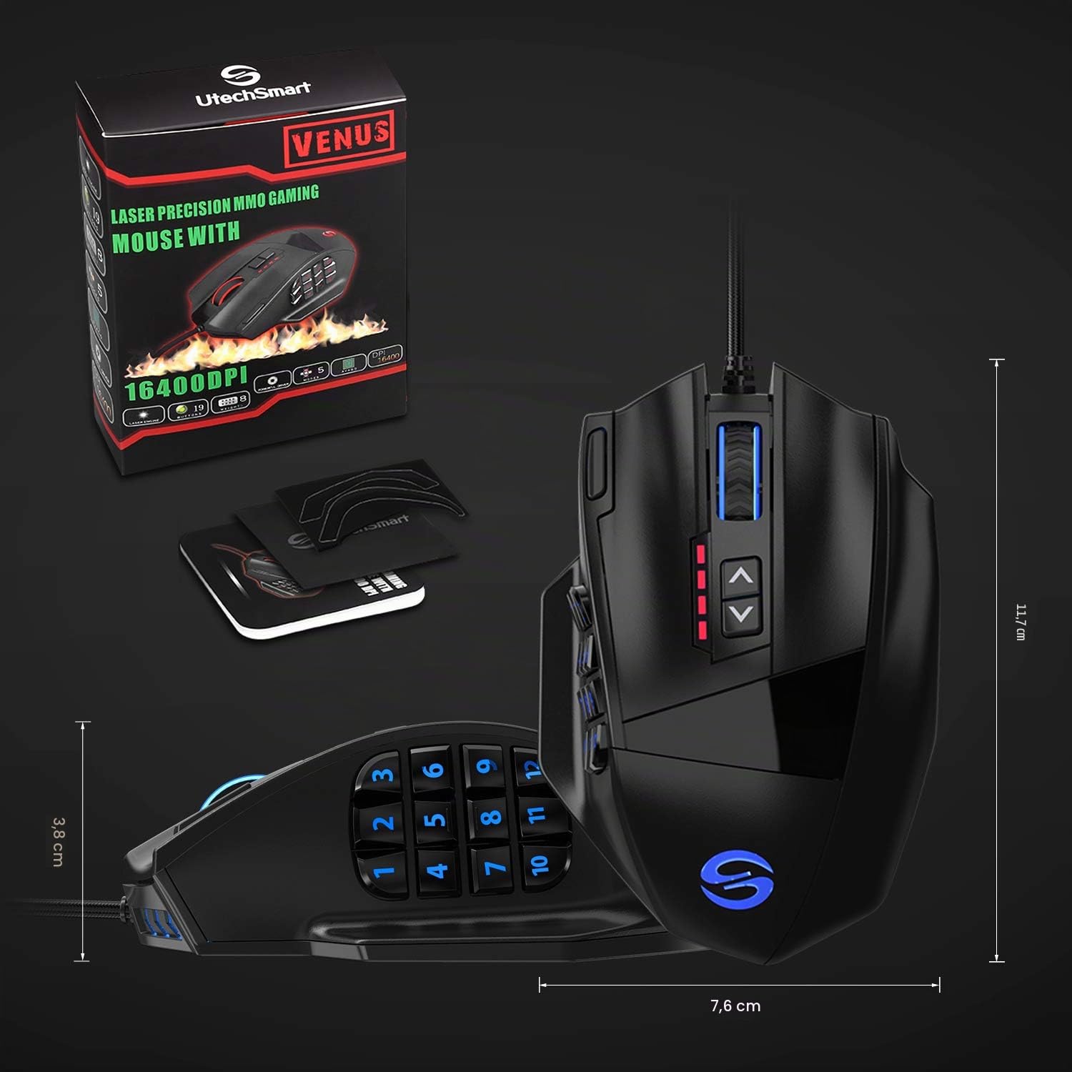 Utechsmart, mouse da gaming, Venus 16400 DPI, laser MMO Venus(Black)
