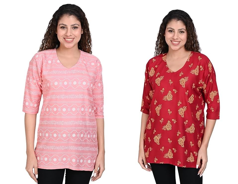 Image of OFEEFAN Women's Rayon Printed Short Kurtis - Pack of 2 | Ethnic Wear for Women | Regular Fit Comfortable Kurtas for Casual