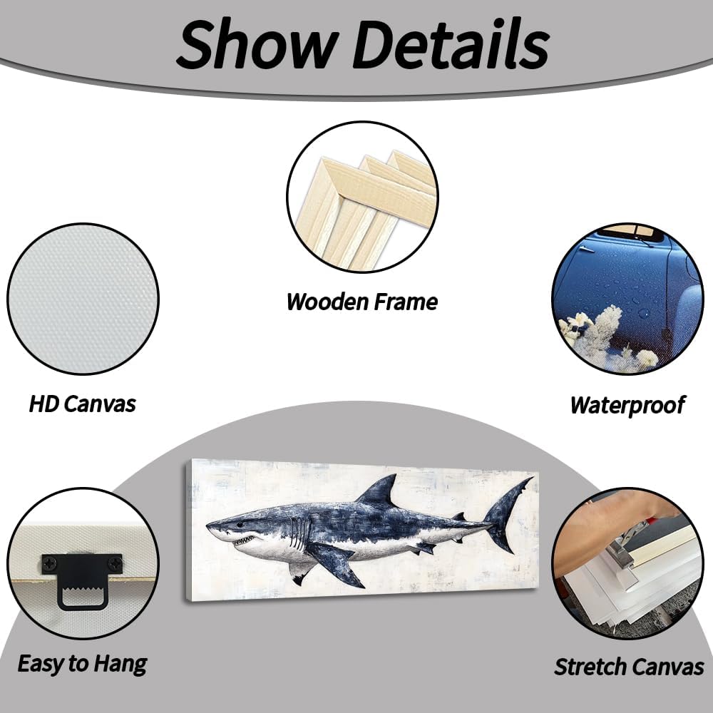 TIEHAOMAI Blue Shark Canvas Wall Art Premium Shark Pictures Nautical Marine Life Prints for Bedroom Decor（Fish-6,24x48inch (40x120cm)