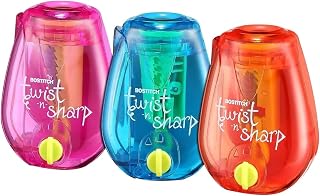 Bostitch Twist-N-Sharp Pencil Sharpener 3-Pack - Manual Twist Ratchet, Adjustable Tip, Colored Pencils Compatible, Kid-Friendly