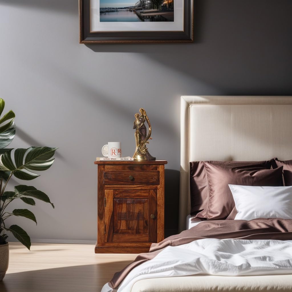 Rajasthali Furniture A Beautiful Solid Sheesham Wood Bedside Table | Nightstand Table with 1 Drawer & 1 Door Storage | Wooden End Finish Natural Finish | 35