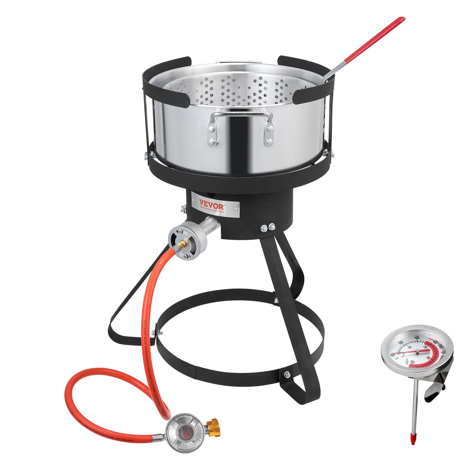 VEVOR Friteuse à poissons, friteuse à ailes, 9,35 l, en aluminium, avec thermomètre, panier à tamis et brûleurs au propane 54 000 BTU, pour cuisiner en plein air