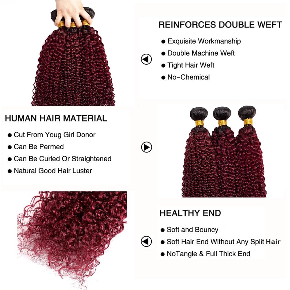 Dark Burgundy Curly Bundles Human Hair 1B99J Ombre Bundle Red Bundles 22 24 26 Inch Brazilian Virgin Remy Hair Extensions Perfect For Curly Styles Quick Weave 3Pcs/Set