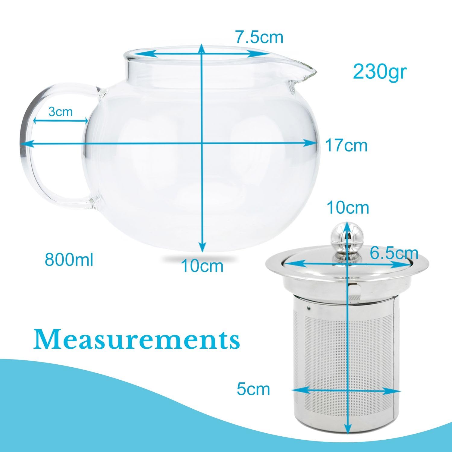 Intirilife Teekanne mit Filter in KLAR – 800ml Glaskanne aus Borosilikatglas mit Siebeinsatz hitzebeständig geeignet für heiße und kalte Getränke, Tee, Kaffee, Wasser uvm.