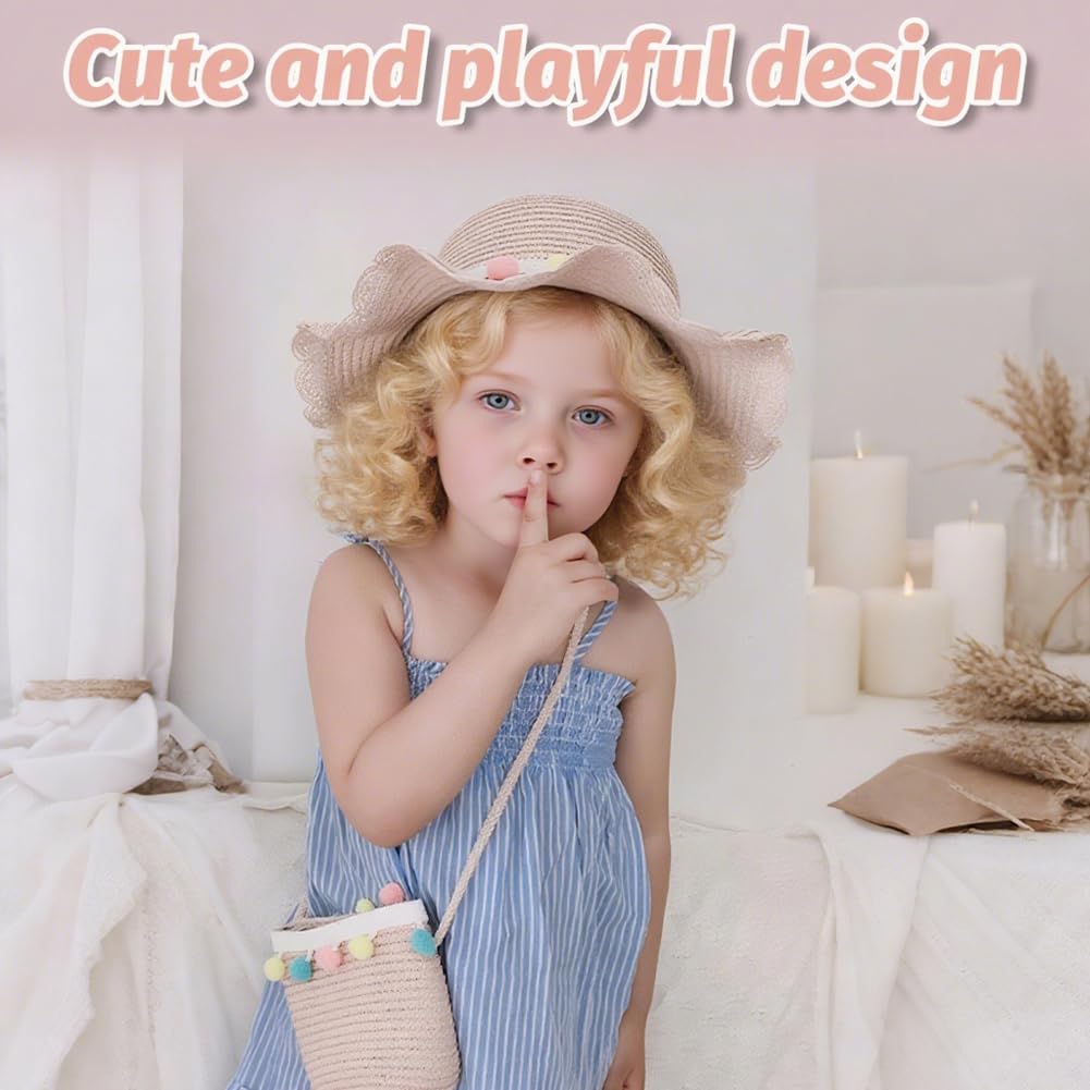 Cappello da Spiaggia Estivo e Mini di Borse Set,Cappello da Sole per Bambina,Cappello da Sole per Esterni per Ragazze per I Bambini Turismo Vacanze Spiaggia attività All'Aperto(Rosa)