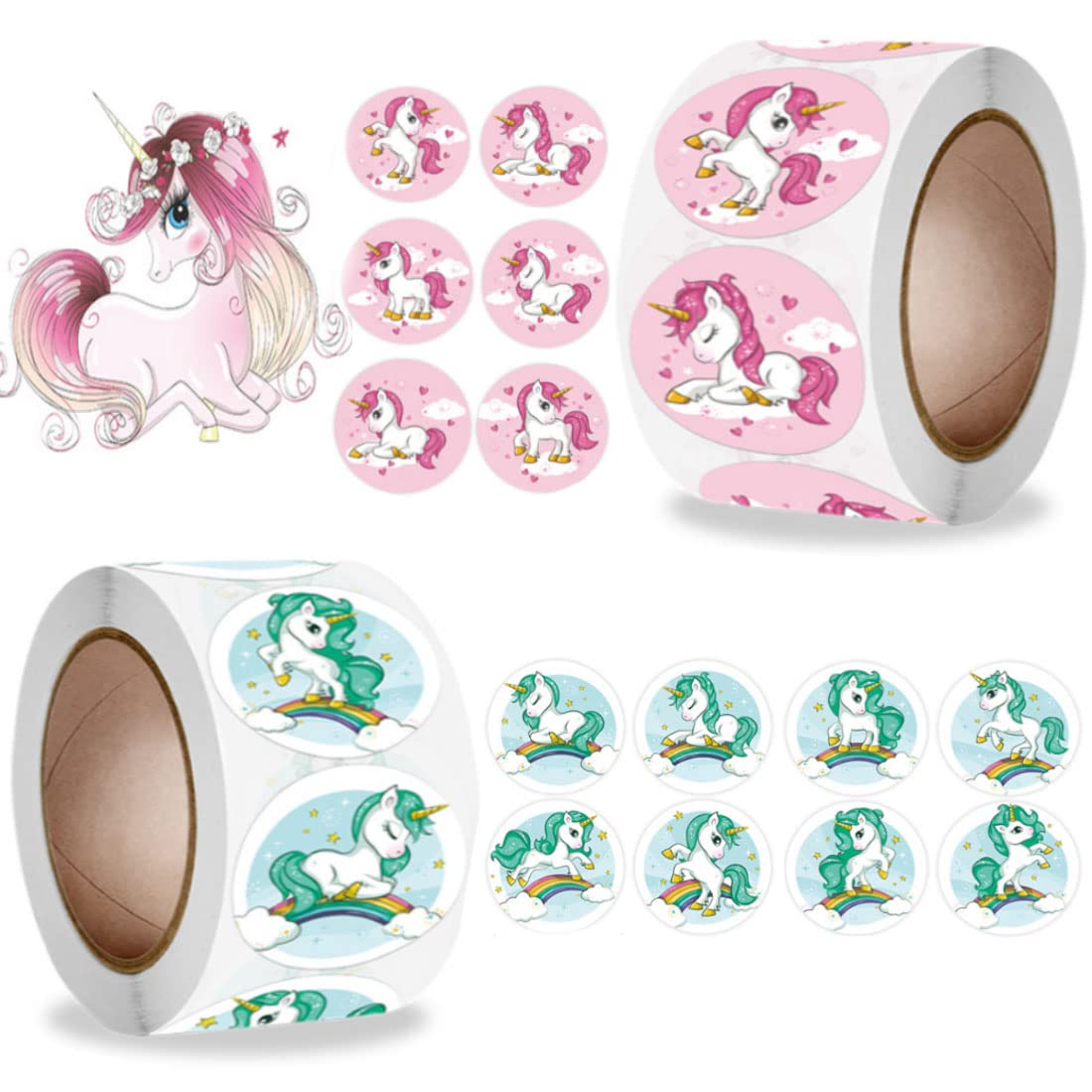 OUOQI Unicornio Pegatina,1000pcs Unicornio Pegatina Redonda,Etiqueta Autoadhesiva de Unicornio,Unicornio Pegatinas de Recompensa,Recompensas de Unicornio Pegatina,Pegatina Unicornio para Niños DIY