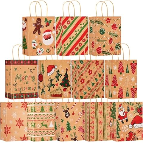 Smarpau 12PCS Christmas Gift Bags, 12 Style Xmas Kraft Gift Bags with Handle, Christmas Paper Party bags for Christmas Decorations (23 x 18 x 8 cm) Cover