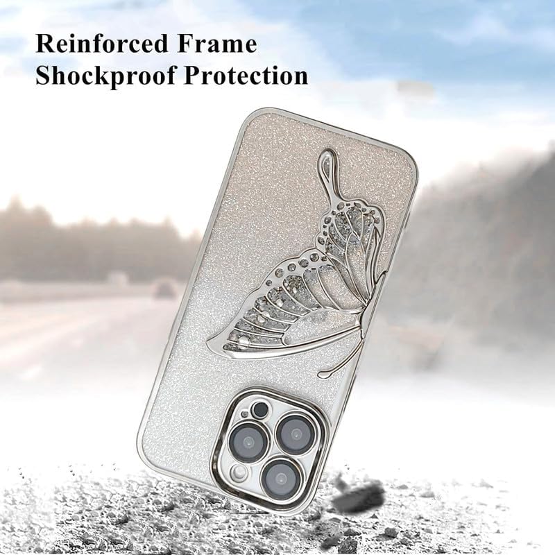Image of MIDOS Thermoplastic Polyurethane Designed Compatible With iPhone 14 Pro Max Case With Glitter Cute Butterfly Plating Design Aesthetic Women Girls Cover For iPhone 14 Pro Max (Silver)