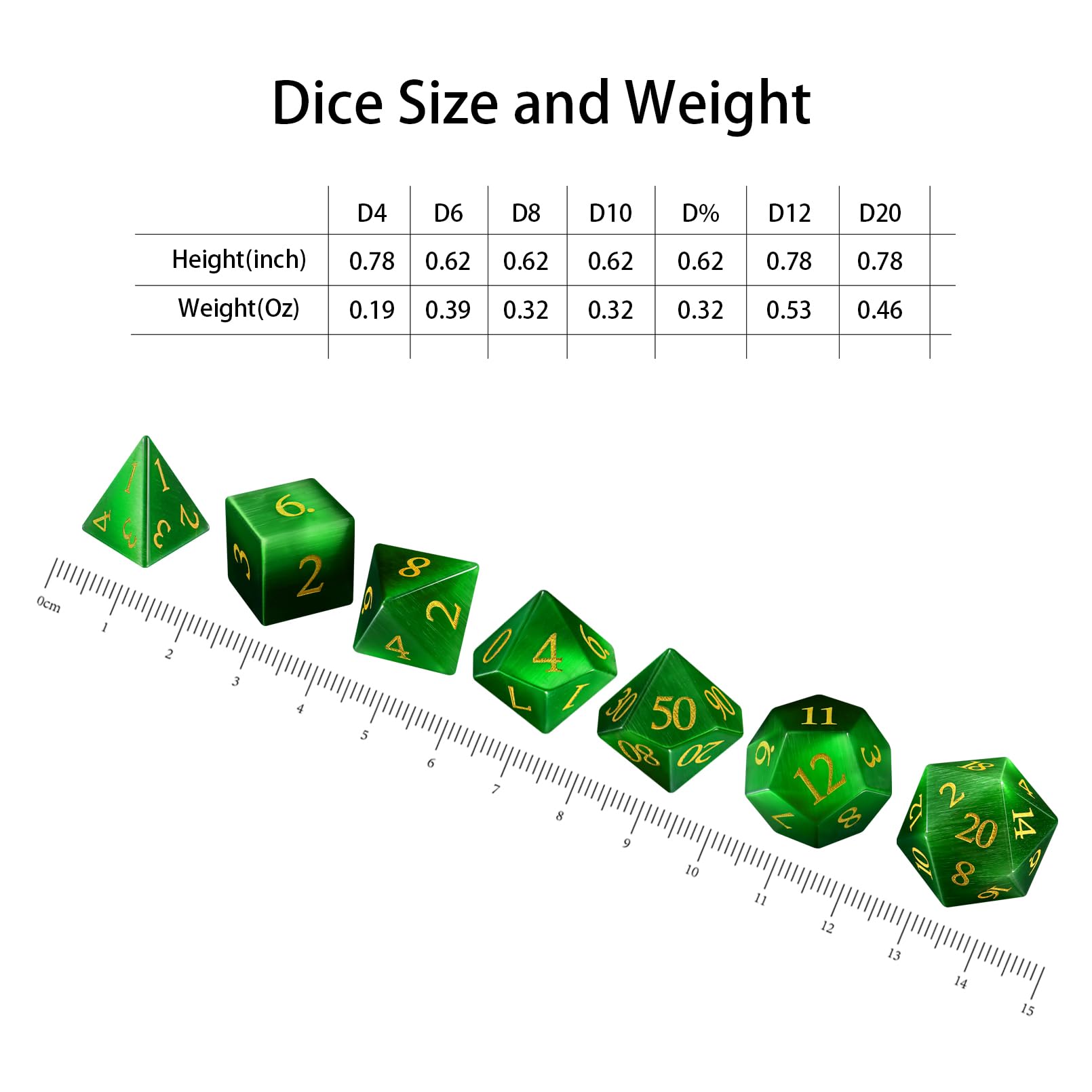 Jeu de dés en pierre précieuse œil de chat, 7 pièces avec boîte, utilisés pour les jeux de dés Donjon et Dragon D4, D6, D8, D10, D12, D20 (œil de chat vert)