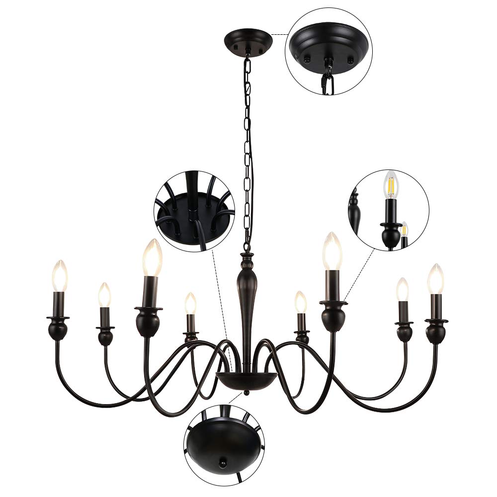 LynPon Lustre en Fer Forgé Noir Classique 8 Lumières Hauteur Réglable Grand Chic Industriel Luminaire pour Salle à Manger Chambre