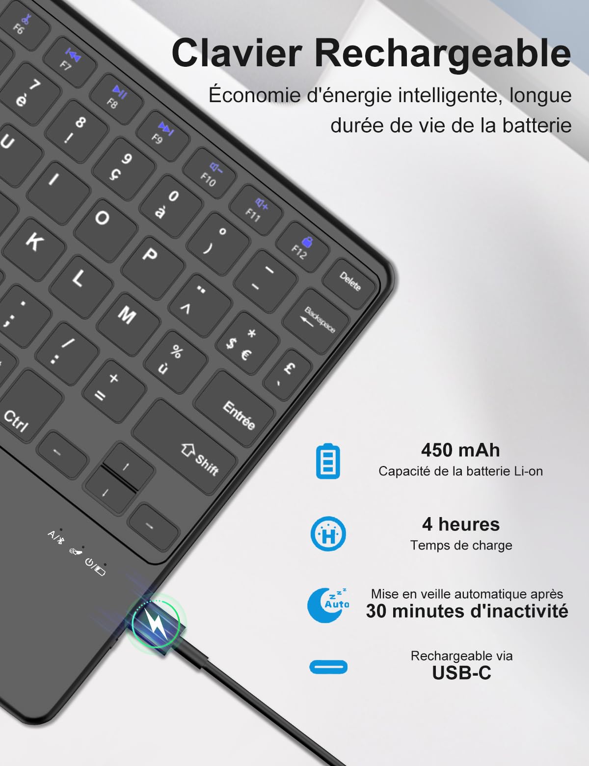 FOGARI Panel dotykowy Klawiatura Bluetooth Tablet 10", AZERTY Francuska Klawiatura