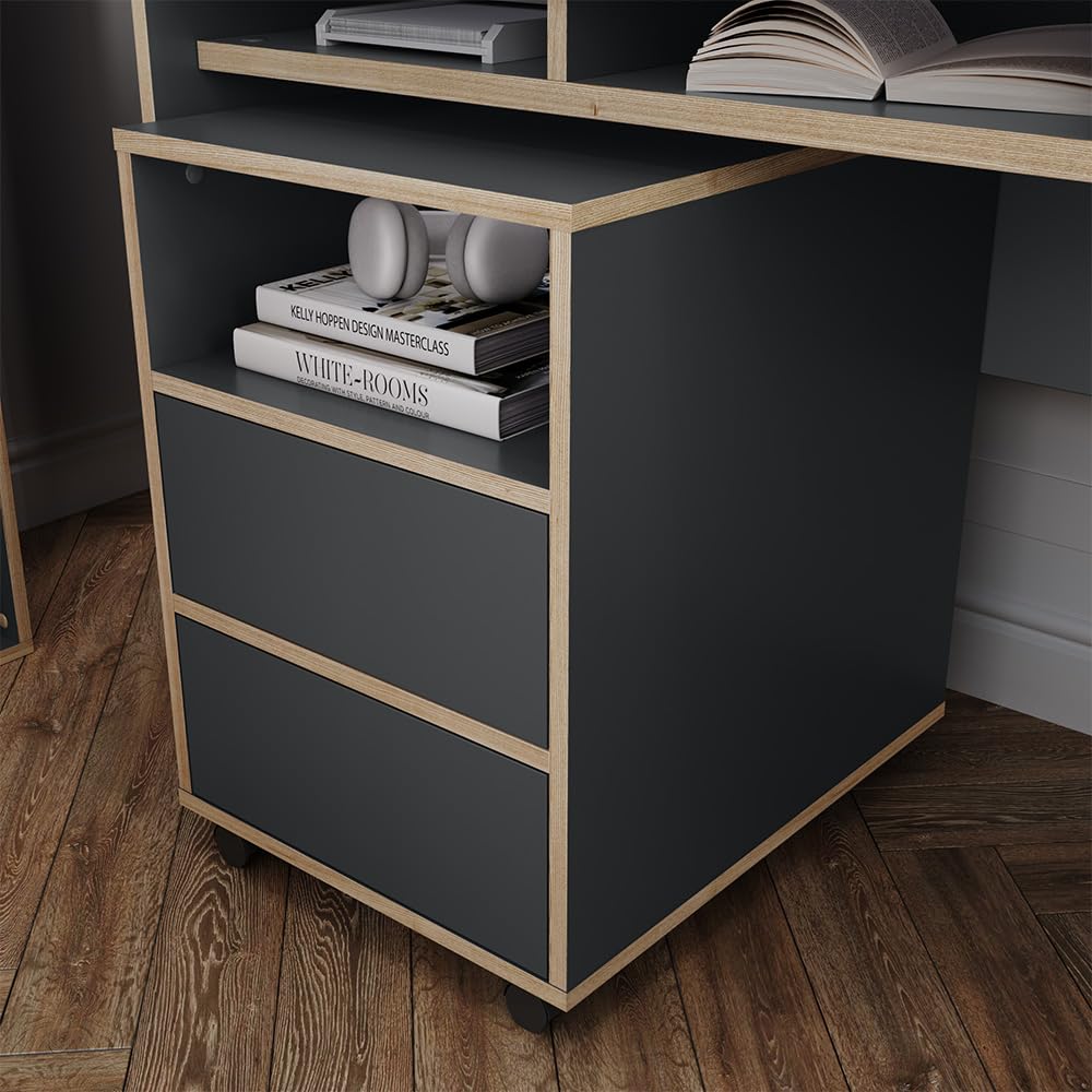 Vicco Rollcontainer Tetrix, Anthrazit, 42 x 55 cm | mit Regalen und 2 Schubladen, auf Rollen für flexible Nutzung im Büro oder Homeoffice