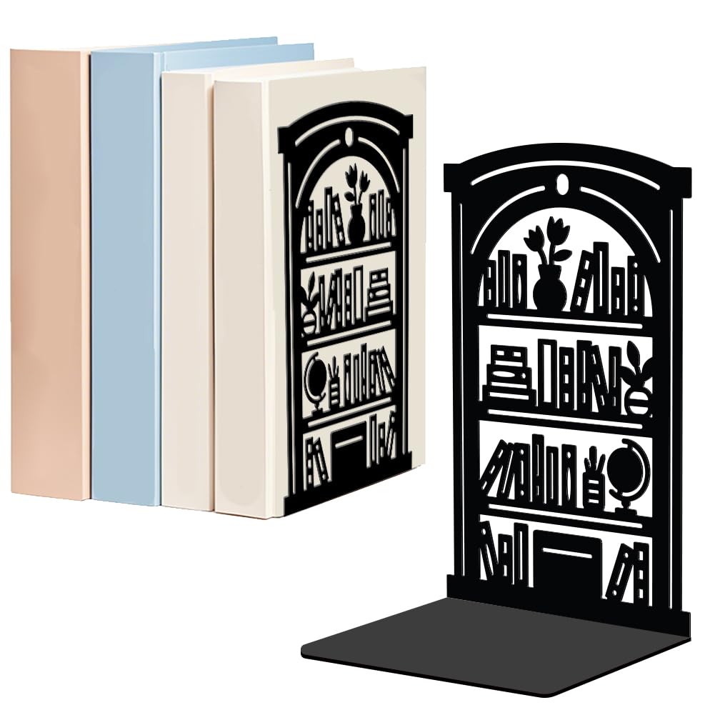 WADORN 1 Pair Bookshelf Pattern Metal Decorative Bookend for Shelves, Heavy Duty Book Ends Modern Non-Skid Books Holder Stand Black Book Support Stoppers for Desk Bookshelfs Office, 5.3x4.3x7.8 Inch