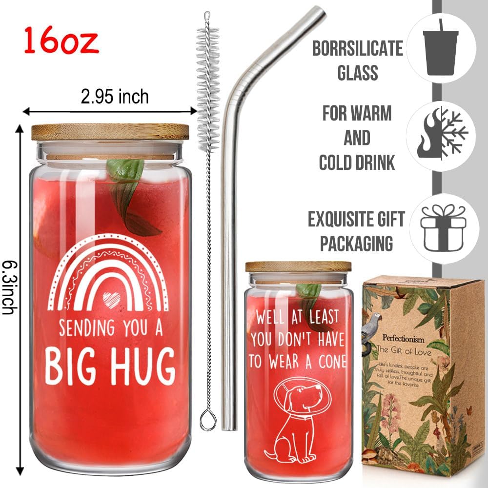Get Well Soon Gifts for Women After Surgery - Well At Least You Don’t Have to Wear A Cone, Men Recovery Gifts from Friends Feel Better Send You a Big Hug 16 oz Glass Cup with Lids and Straws