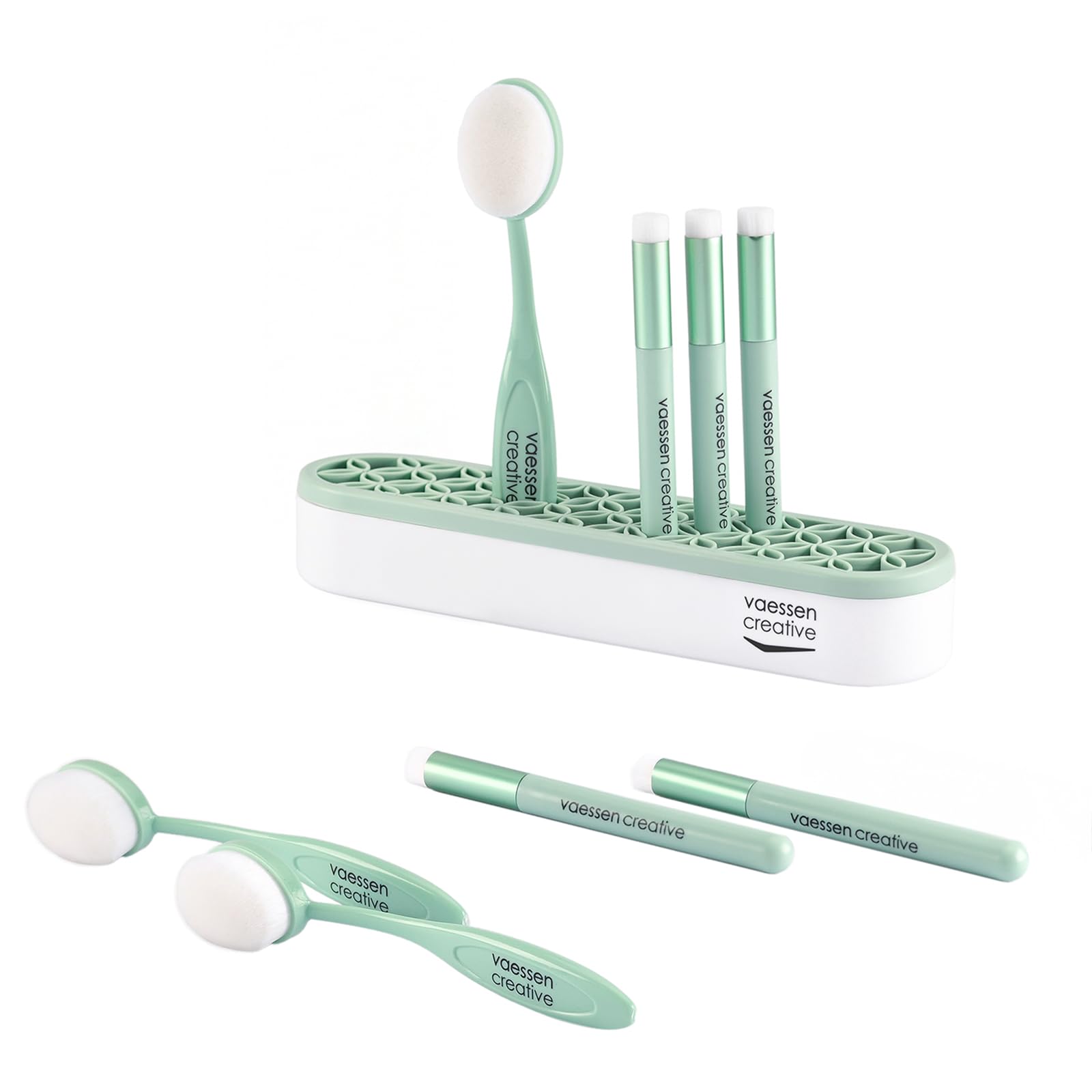 Vaessen Creative Blending Brushes for Crafts 8 pcs-with Holder-ø 0.3" and 1.1 x 1.6-for Ink and Paint-for Card Making, Scrapbooking, Journaling and Mixed Media, Mint, ø 8 mm / 2,7 x 4 cm