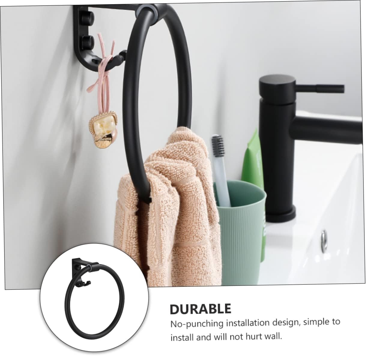 DOITOOL 3pcs Aluminum Towel with Hook Black Round Hand Towel Holder for Bathroom Space-Saving Design Smooth -Resistant