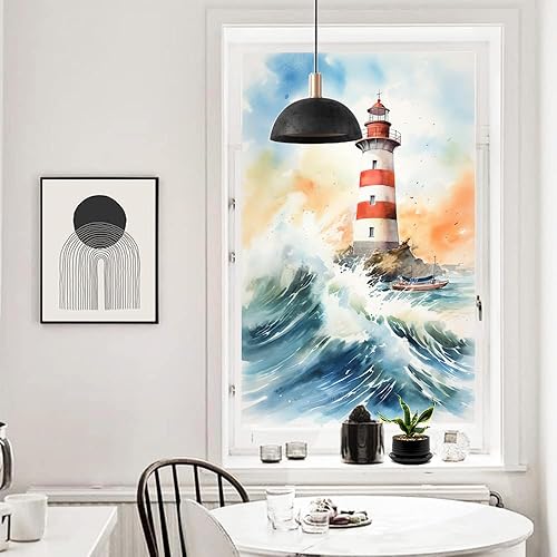 Miniatura 12 de Lámina abstracta retro de acuarela para ventana de vidrio con diseño de faro, diseño náutico, para privacidad en el océano, no adhesiva, para baño