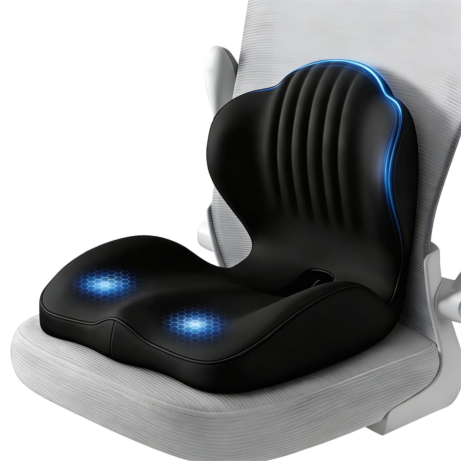 Cuscino Lombare Sedia Ufficio, Cuscino Ergonomico Sedia, Cuscino Integrato a Forma L con Memory Foam, Supporto Lombare e Apertura Traspirante per Coccige, per Sedia Ufficio, Sedile Auto
