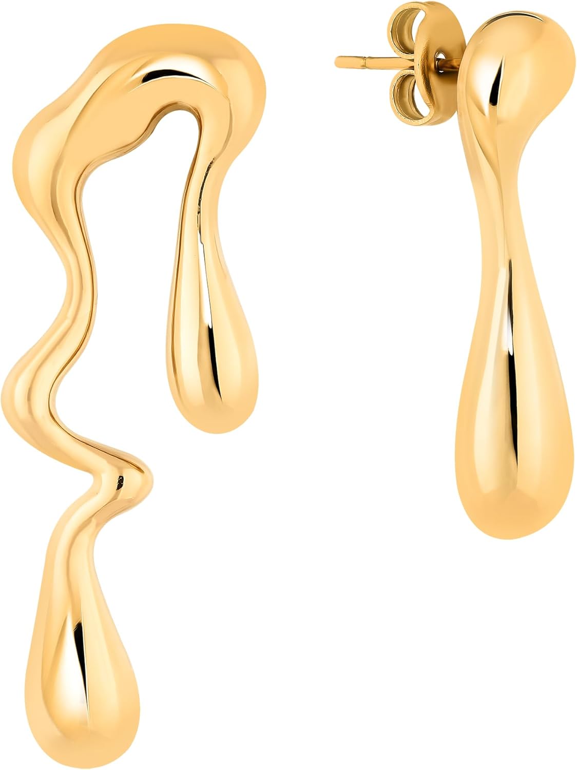 Asymmetrical Earrings, Dripping Mismatched Melting Liquid Dangle Drop Earrings, 18K Gold Plated Stainless Steel Gift for Women (Gold) - Image 2