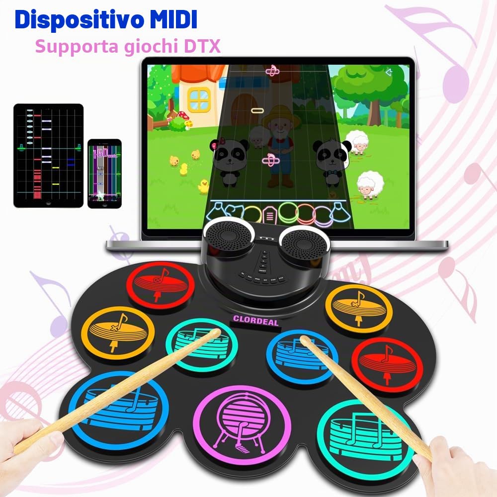 Batteria Elettronica Portatile con Bluetooth e MIDI - 9 Pads Batteria Elettrica, Altoparlanti Stereo Integrati, Batteria Ricaricabile, Ideale Regalo Natale e Compleanno per Bambini e Adulti