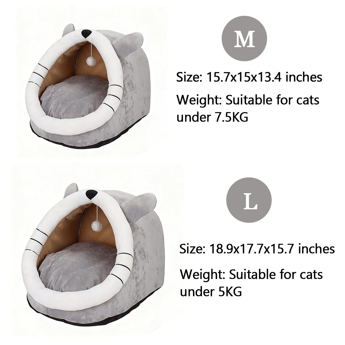 سرير قطط شبه مغلق لجميع المواسم، سرير قطط قابل للازالة والغسل للقطط الداخلية، منزل قطط مريح للقطط والكلاب للعب والنوم (رمادي، M)