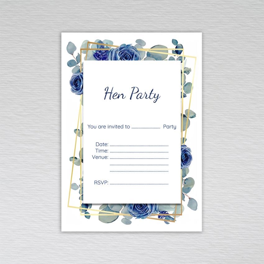 Webspectations Hen Party Invitations: Navy Rose and Dusty Blue Eucalyptus Hen Party Invites (Pack of 50 without Envelopes)
