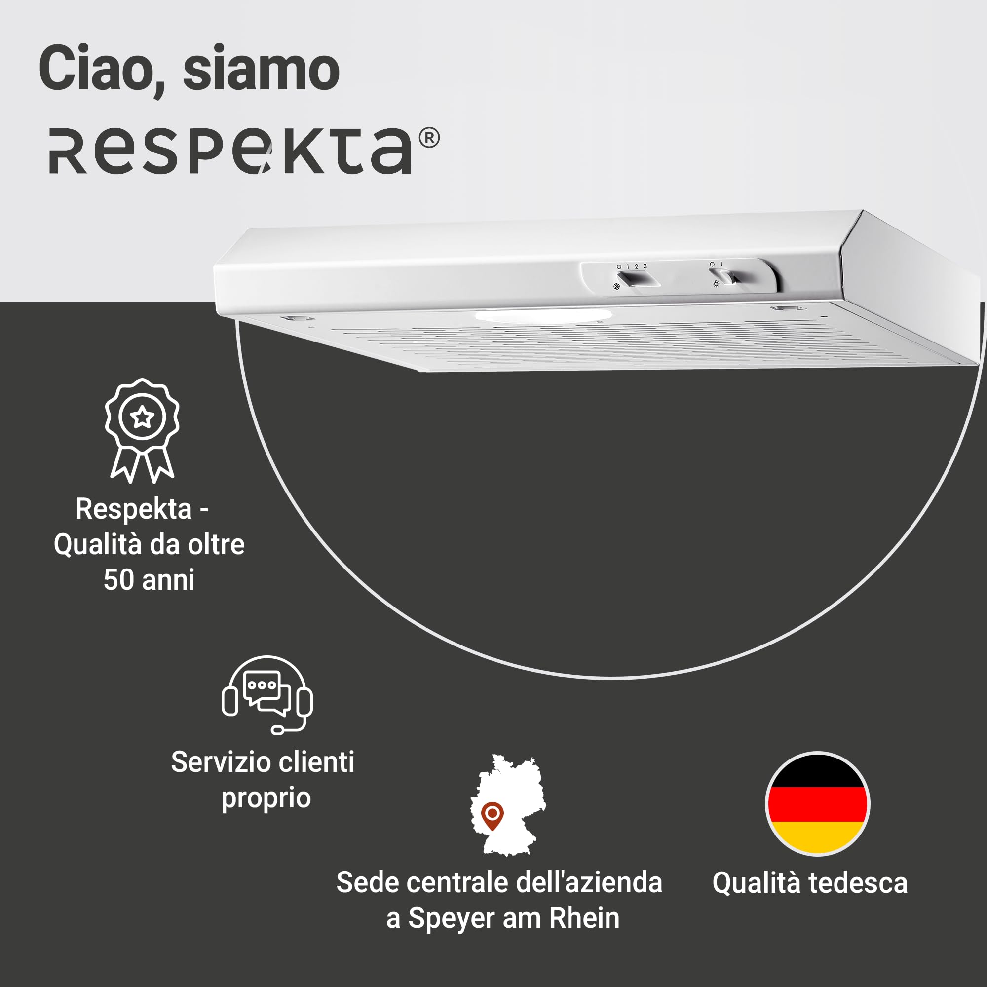 Respekta Cappa aspirante da incasso/cappa aspirante da incasso 50 cm/struttura in metallo/funzione di espulsione e ricircolo dell'aria / DH520WL / C / 52 – 68 dB