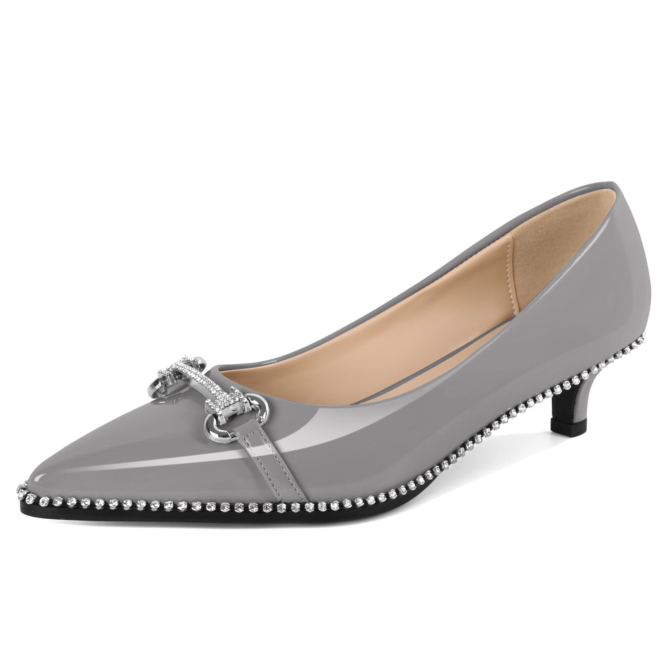 YODEKS Women Low Kitten Heel Pumps Slip On 1.5 Inch Pointed Toe Rhinestones Buckle Shoes Size 5-13