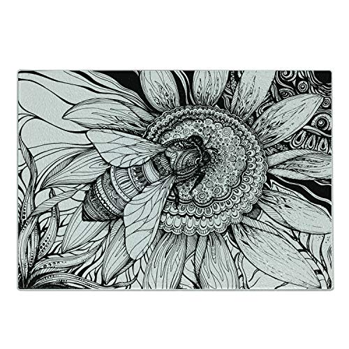 Lunarable Nature Cutting Board Bee on a Flower Honey Pollen Floral Mother Earth Phase Wildlife Digital Print Decorative Tempered Glass Cutting and Serving Board Large Size Black White