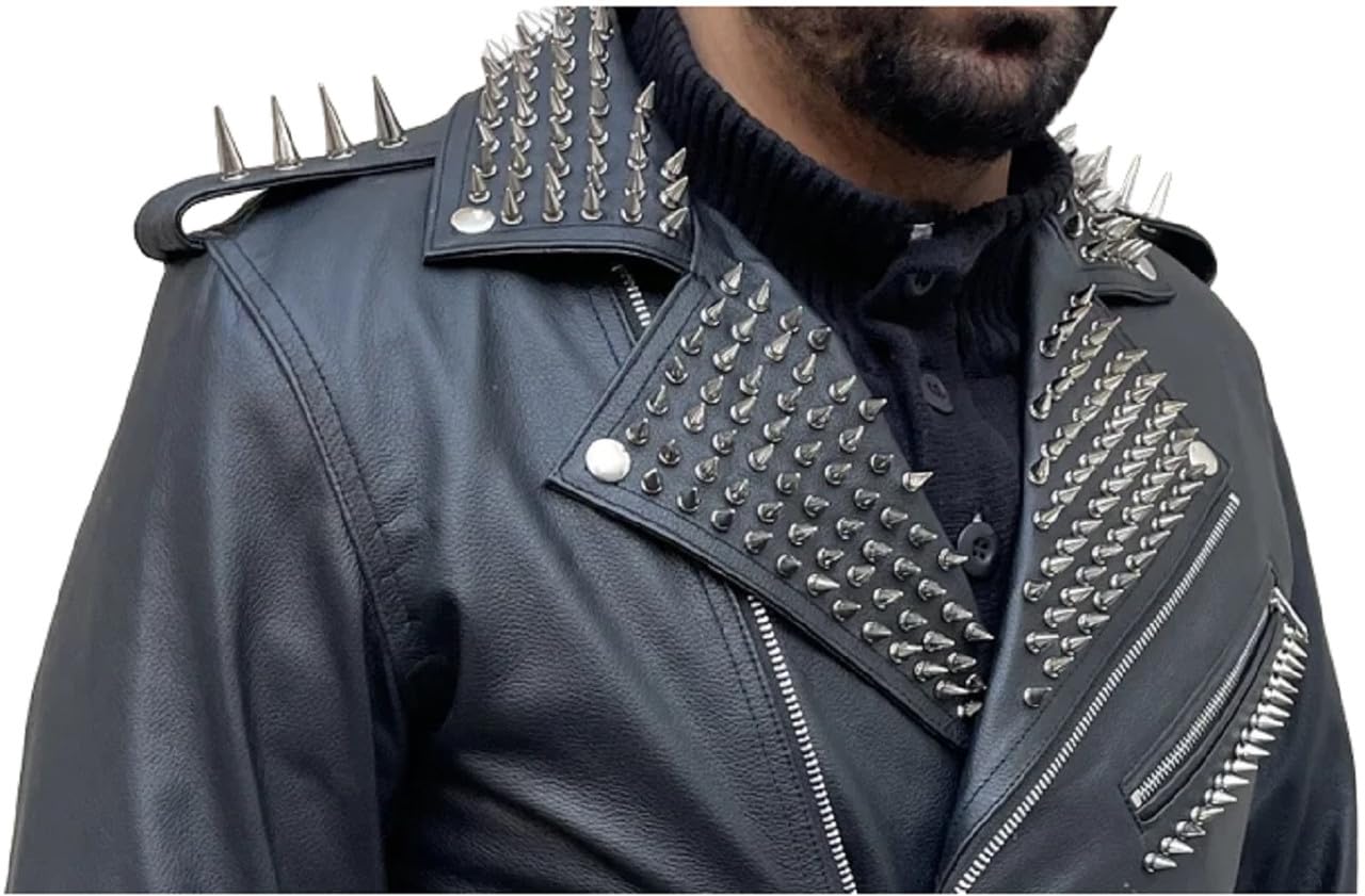 Giacca da motociclista in pelle nera con borchie, da uomo, stile punk rock, gotico