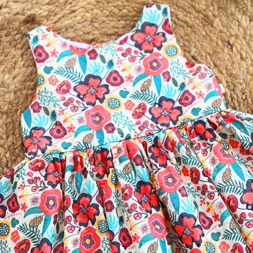 Image of Stanwells Kids Dress for Girls Heart Embroidery Pattern Knee Length Applique Kerala Ethnic Cotton Frock for Baby Girls Zipper Cap Sleeve Dress for Girls Cream & Red (6 Months - 7 Years)