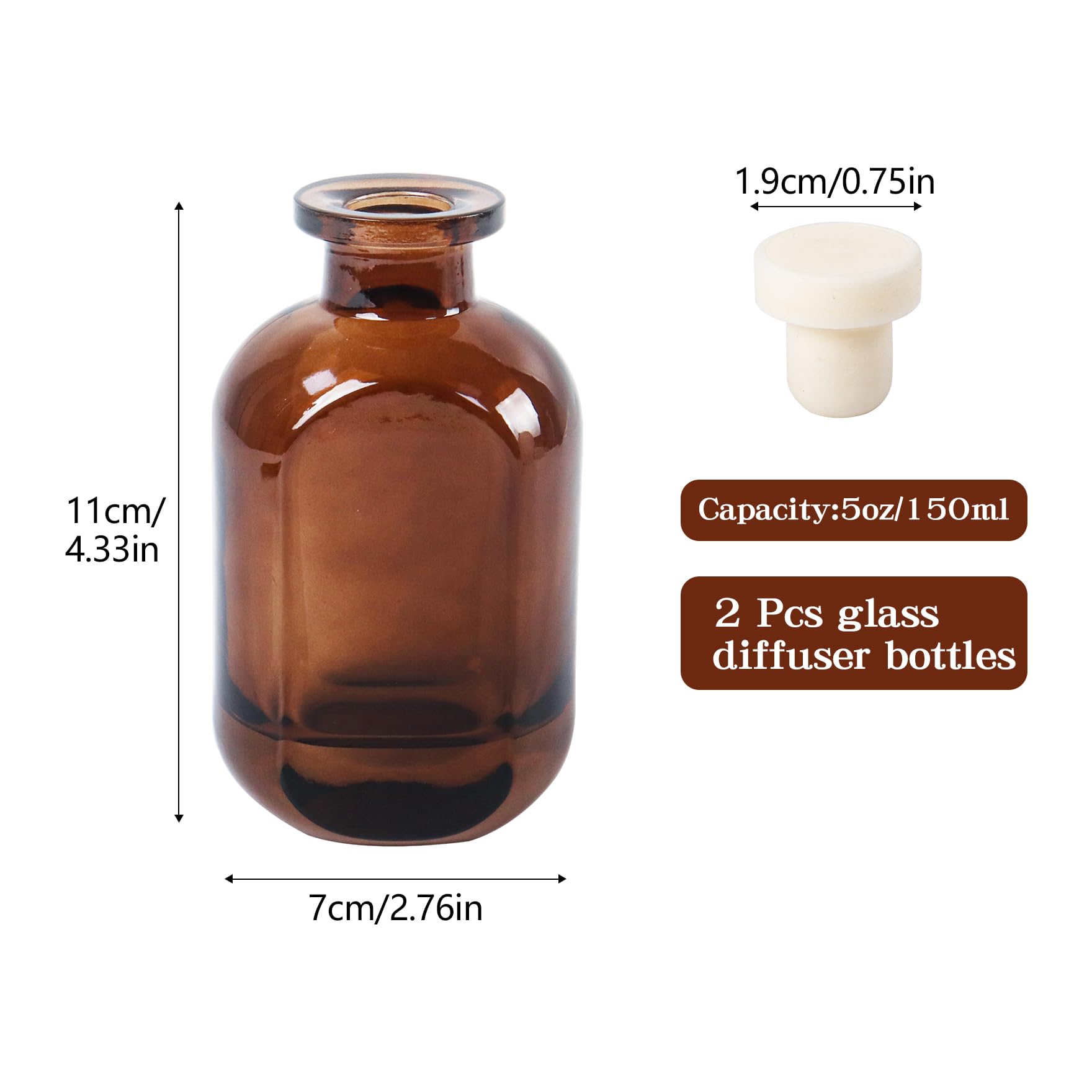 Klmnop 2 Pack Reed Diffuser Bottle, 5oz/150ml Empty Glass Diffuser Bottles with Lid, Replacement Diffusers Reed Sticks Diffuser Bottles for Wedding, Party, Living Room(Brown)