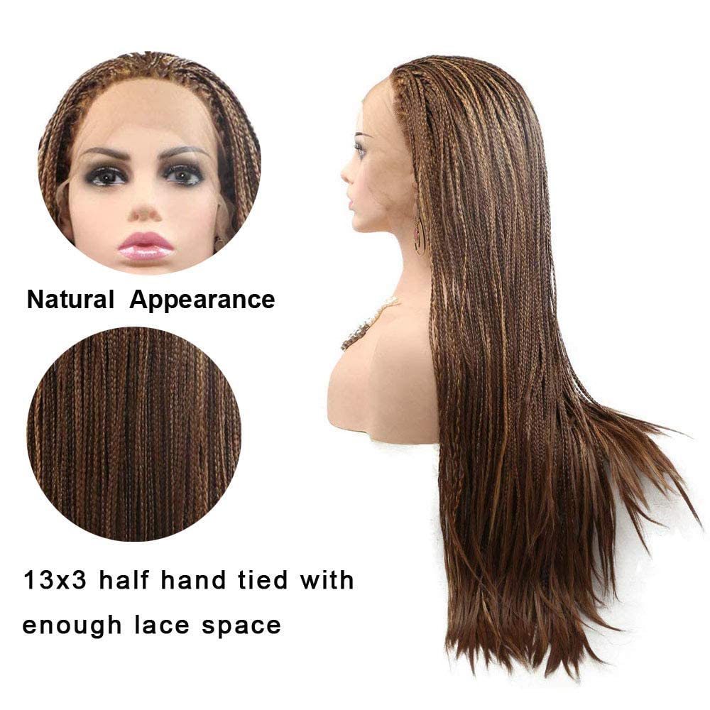 Realistic Hand Braided Lace Front Wigs for Black Women Micro Long Mixed Brown Braiding Braids Wig Natural Hairline Realistic Synthetic Heat Resistant Hair Replacement Wigs Daily Cosplay 28 Inch - Image 4