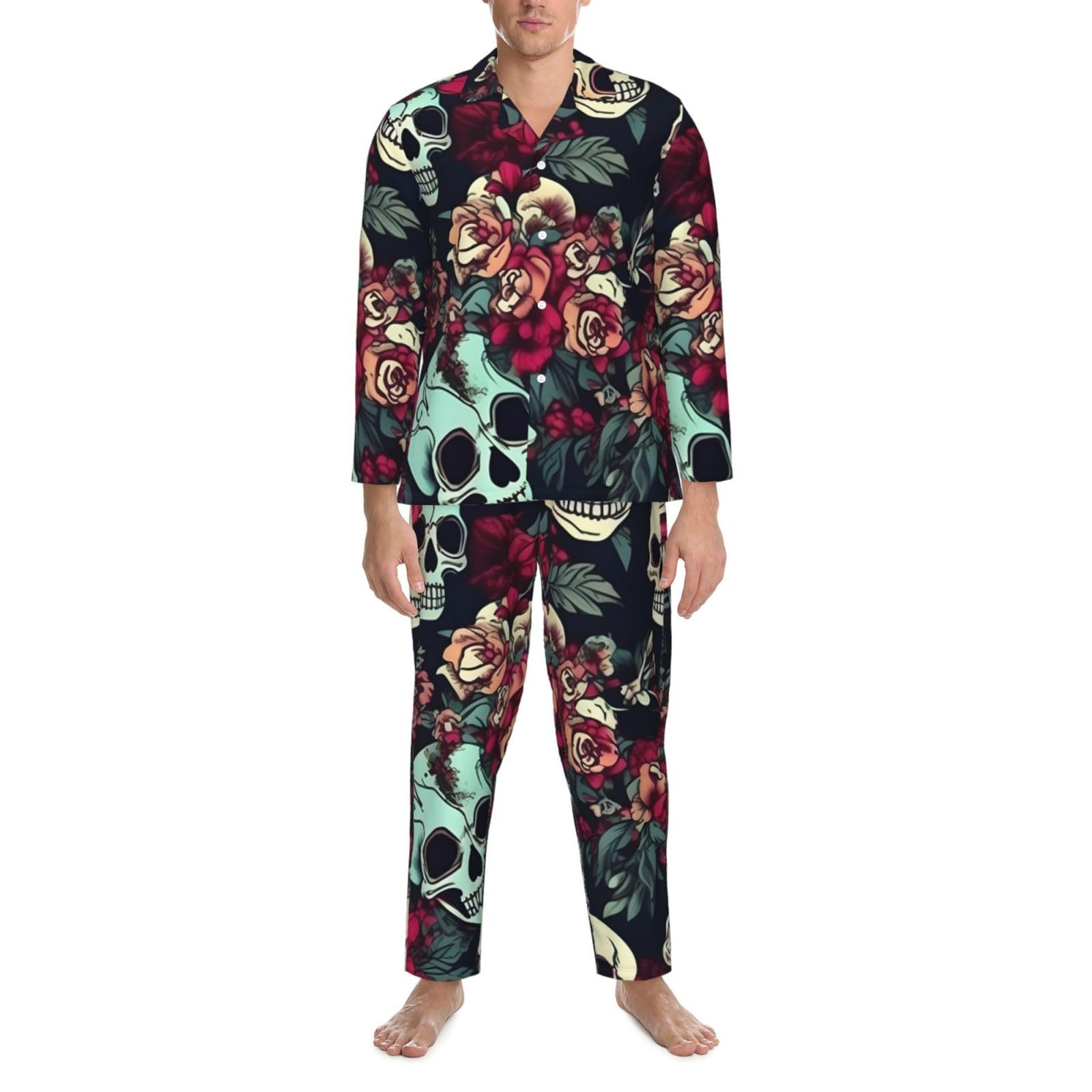Herren-Pyjama-Set mit bunten Totenköpfen, langärmelig, zweiteilig, Hauskleidung, bequeme Nachtwäsche