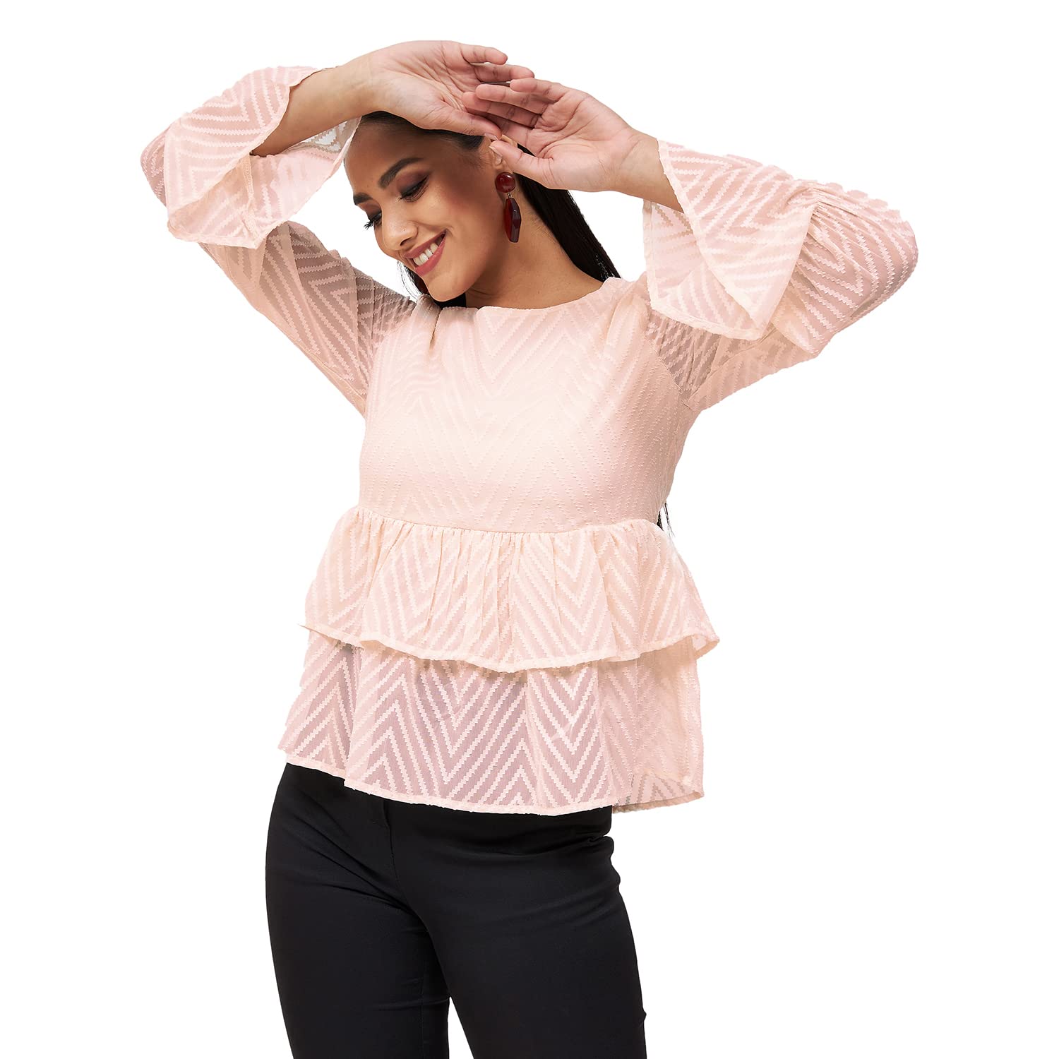 kibo Casual Women's Textured Polyester Round Neck Top Light Pink-picture-52