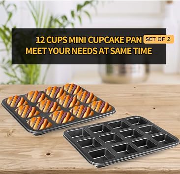2 Pack Brownie Pan,12 Cup Muffin Cupcake Pan, NonstickMuffin Baking Pans, 12 Cavity Carbon Steel Muffin Tins Tray Bareware for Oven Baking Cupcakes Mini Tart, Set of 2