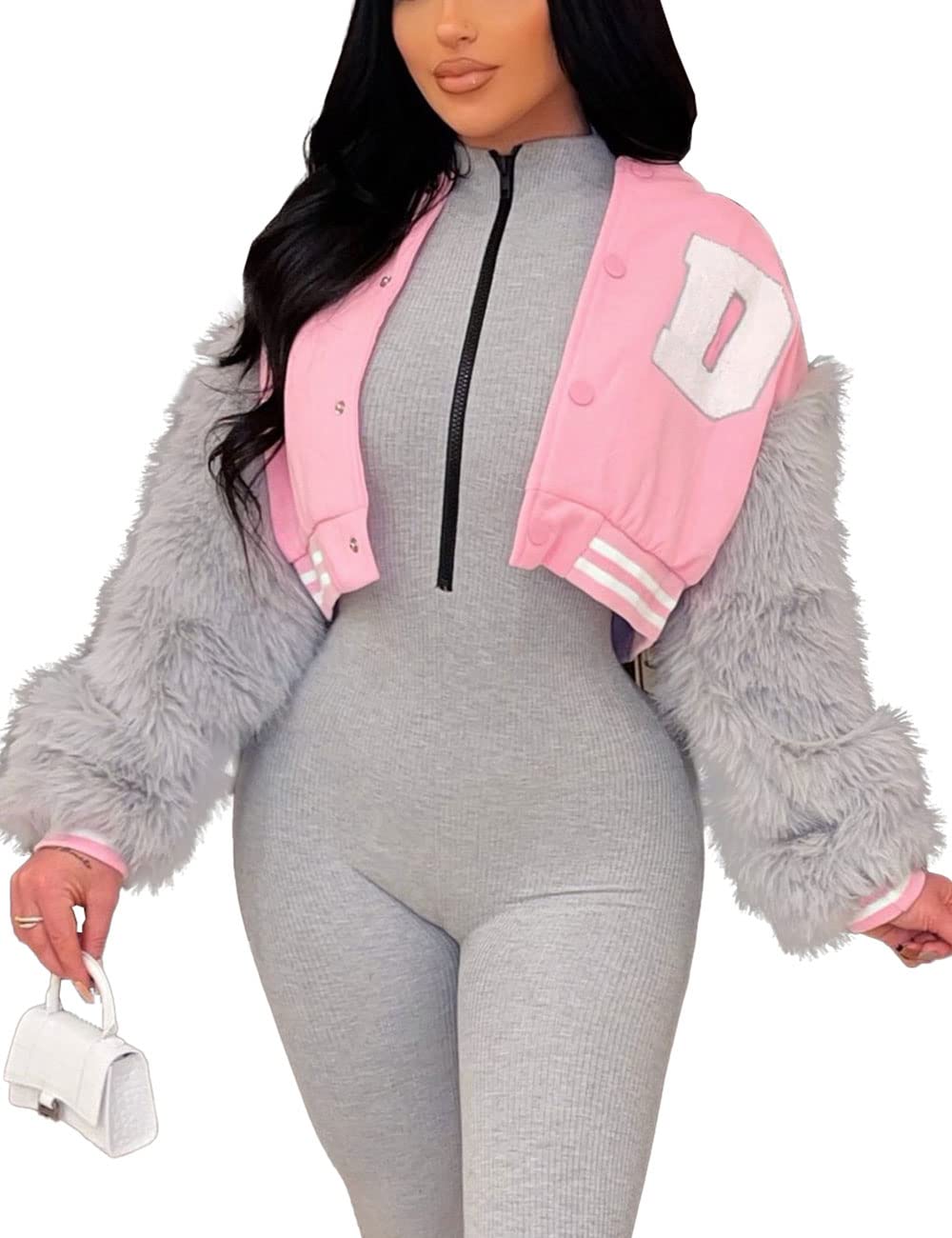 KANSOON Varsity Jacket Women Faux Fur Sleeve Cropped Baseball Jacket Button Up Casual Patchwork Letterman Coat