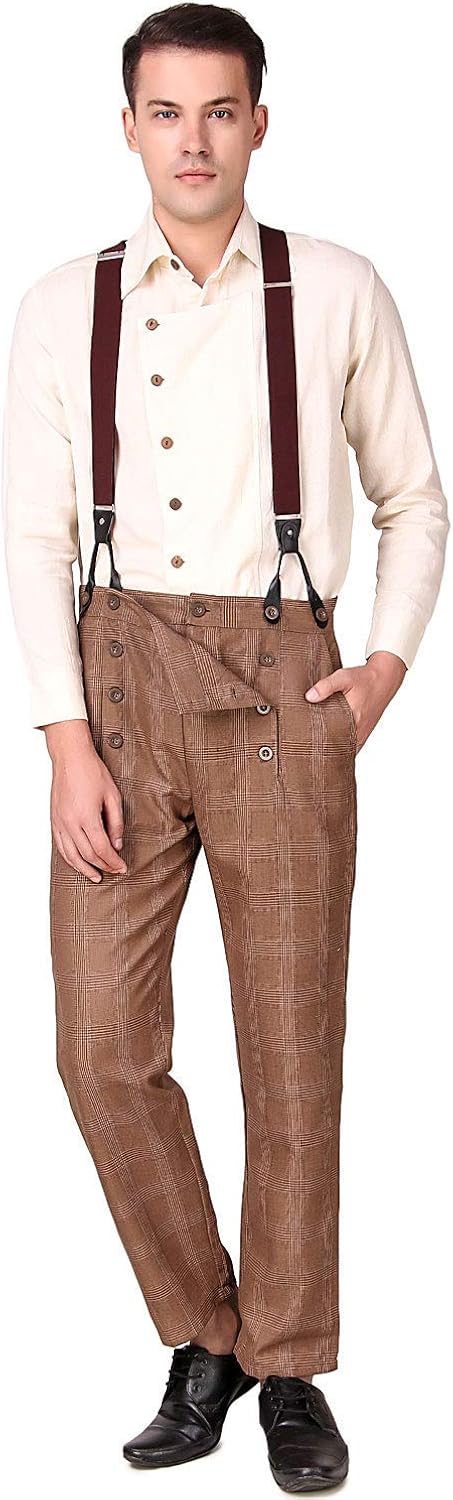 ThePirateDressing Steampunk Victorian Cosplay Costume Architect Men's Pants Trousers Medium Brown Check (100% Cotton Fabric)
