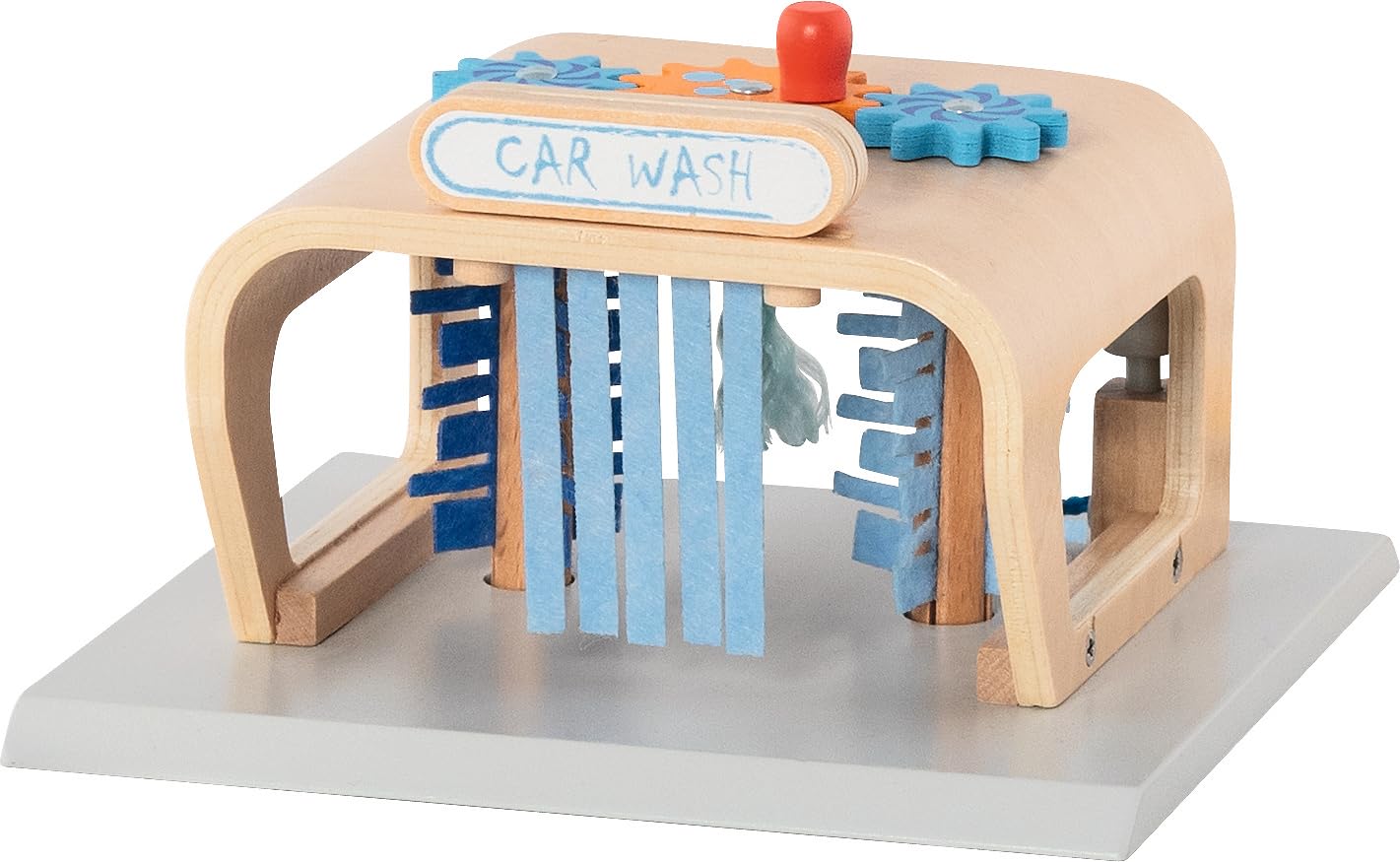 goki 53779 Waschanlage PowerClean, Autowaschanlage aus Holz – Spielset mit Bürsten, Filzvorhängen & Sprühdüse, ca. 16 × 16 × 10 cm