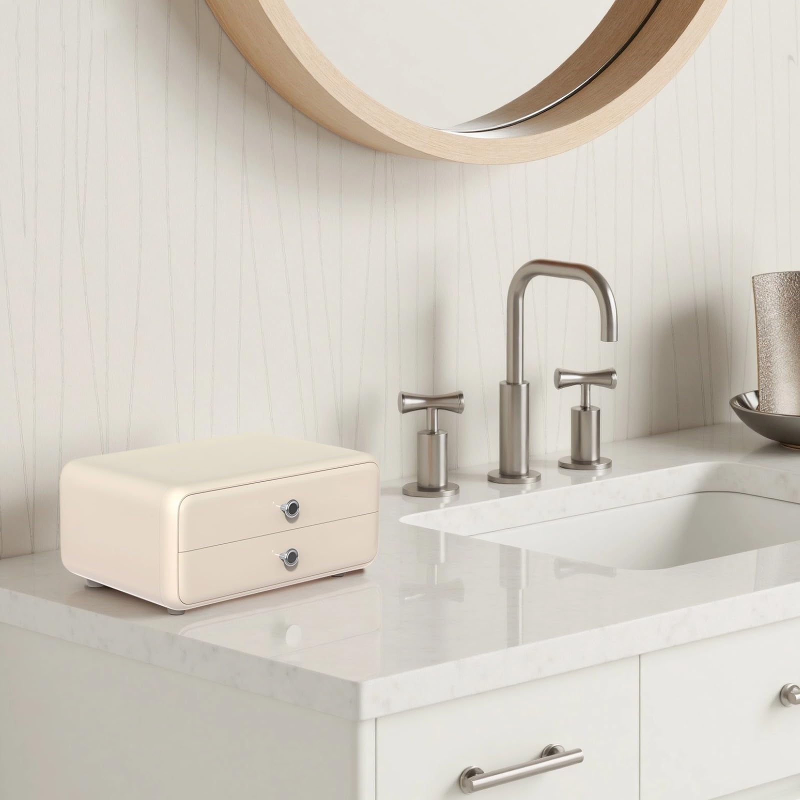 Kosmetik-Organizer mit 2 Schubladen, cremegelber Ablageorganizer für die Arbeitsplatte, minimalistischer Bad-Organizer für Badzubehör, runde Griffe und rutschfeste Pads, Geschenkidee