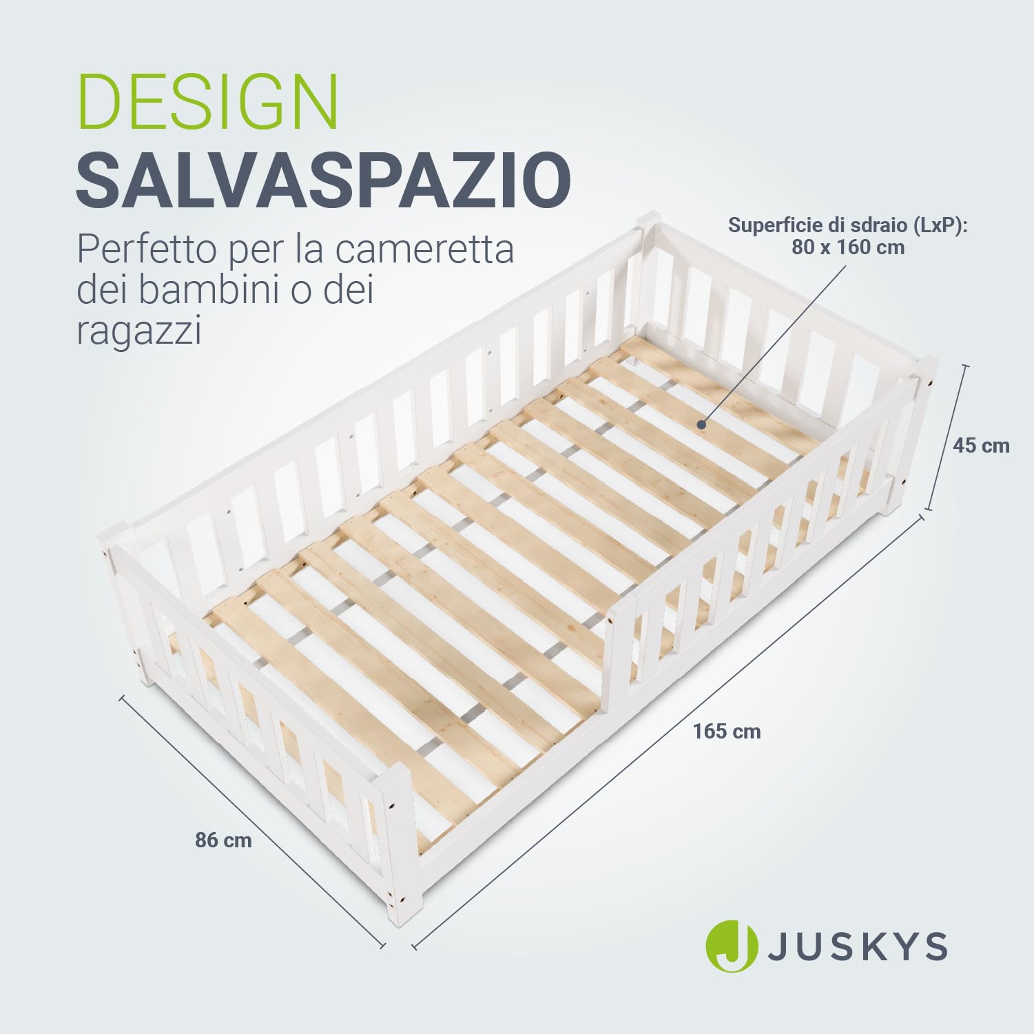 Juskys Letto a pavimento per bambini Naya 80x160 cm con barriera di sicurezza e rete a doghe – letto Montessori in legno massiccio di pino – letto con sponde per bambini – bianco