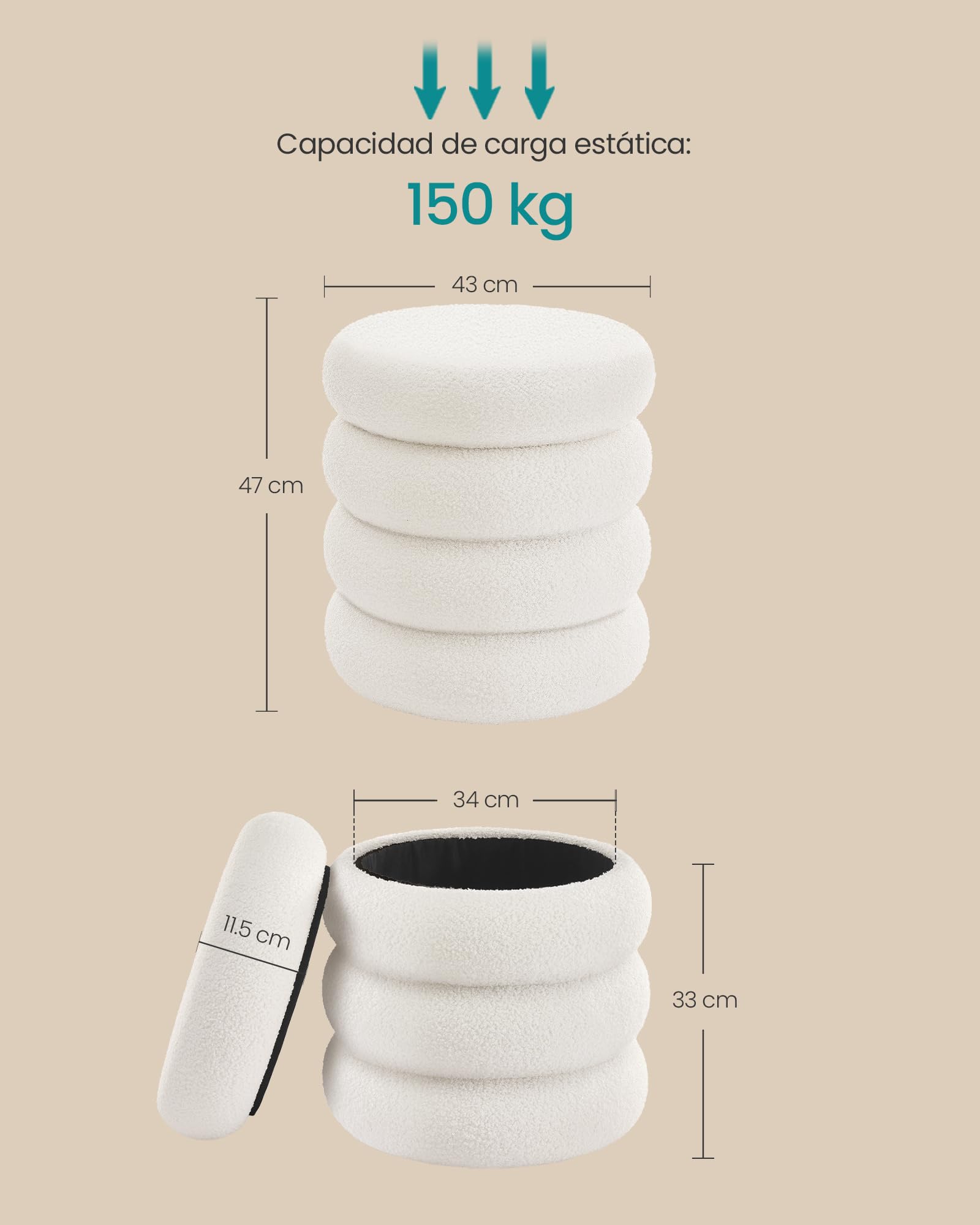 SONGMICS Taburete de Tocador, Puff Redondo con Almacenamiento, Reposapiés Acolchado, Tapa Extraíble, Salón Dormitorio Recibidor, Fácil de Montar, 43 x 47 cm, Peluche, Blanco LOM015WD01