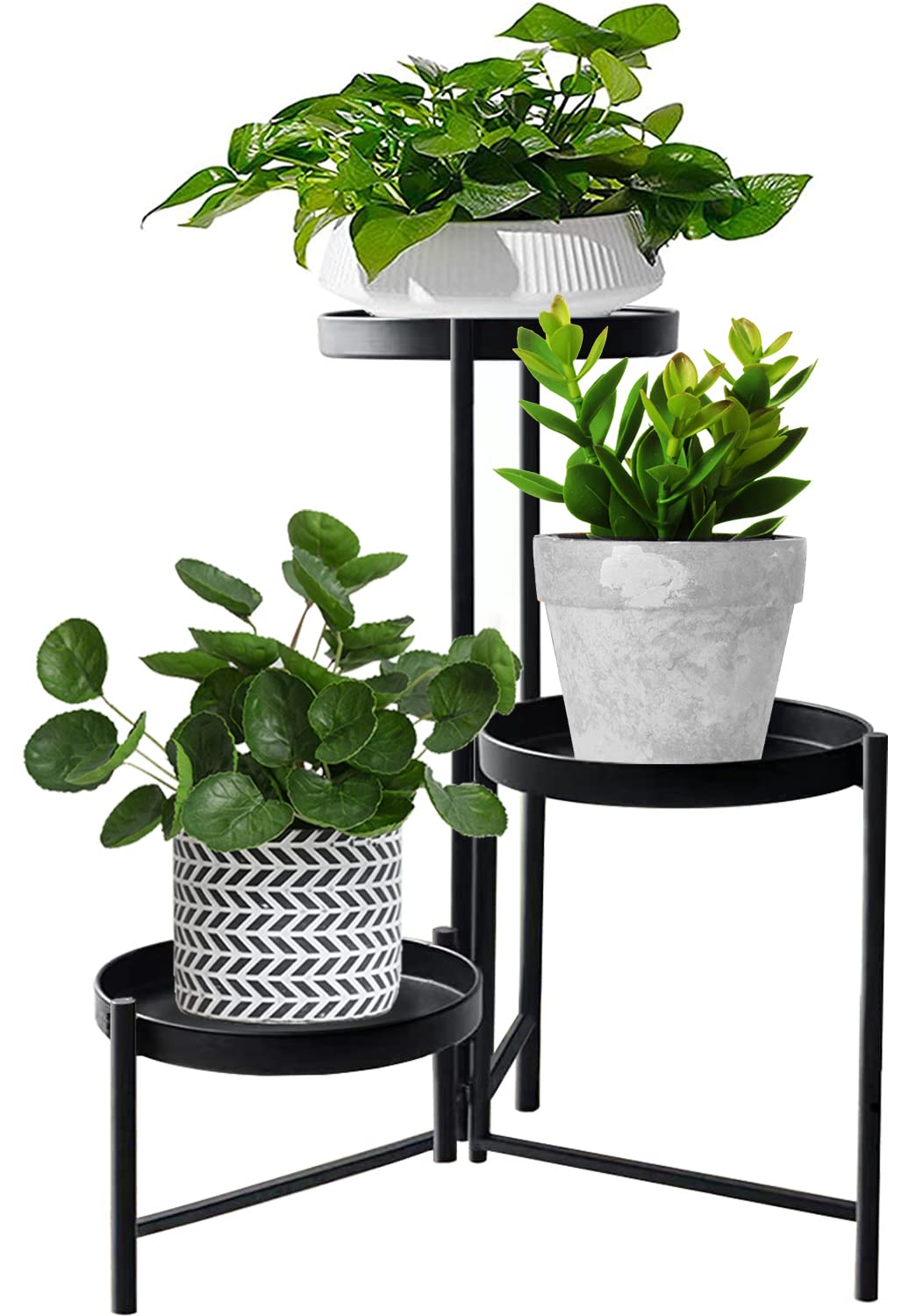 MUAEEOK Supporto per piante in metallo, per interni ed esterni, altezza 42 cm, 3 ripiani, resistente, organizer per vasi da fiori in ferro battuto, espositore angolare verticale per giardino