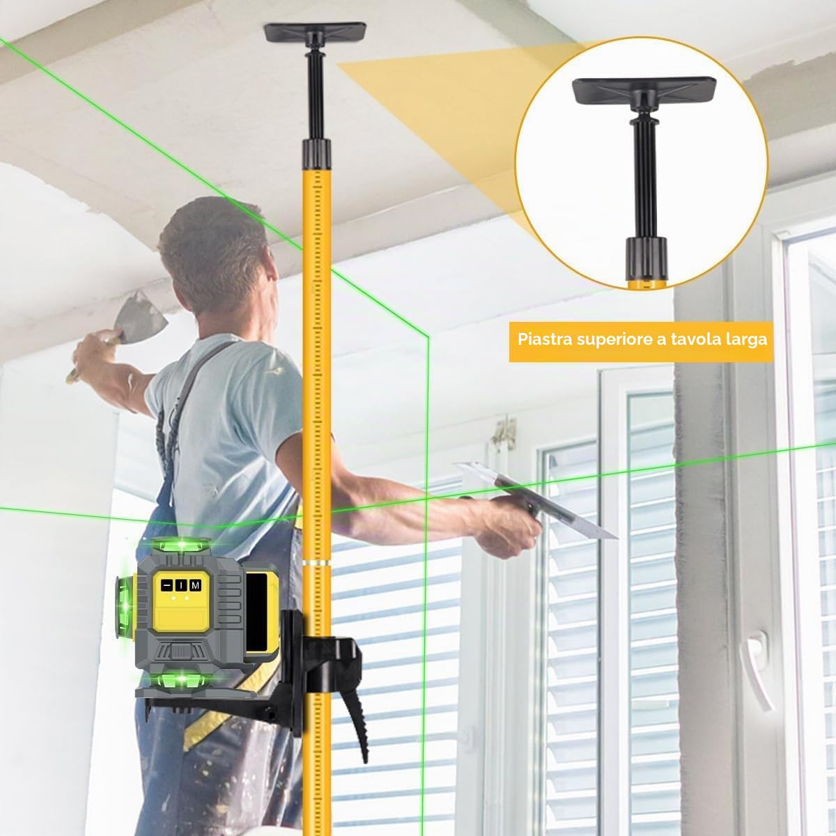 Asta telescopica per livellamento laser con treppiede, allungabile fino a 4,2 m, con supporto laser da 1/4" x 20", con dado adattatore da 5/8"-11