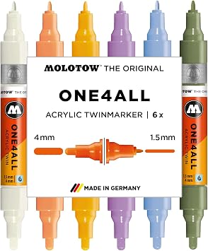 Molotow One4All Acrylic Twin Marker Pastel Modern Set 1.5 and 4.0 mm Line Width, High Coverage and Permanent, Quick Drying, Refillable, for Almost All Surfaces Pack of 6 Assorted Colours