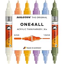 Molotow One4All Acrylic Twin Marker Pastel Modern Set 1.5 and 4.0 mm Line Width, High Coverage and Permanent, Quick Drying, Refillable, for Almost All Surfaces Pack of 6 Assorted Colours