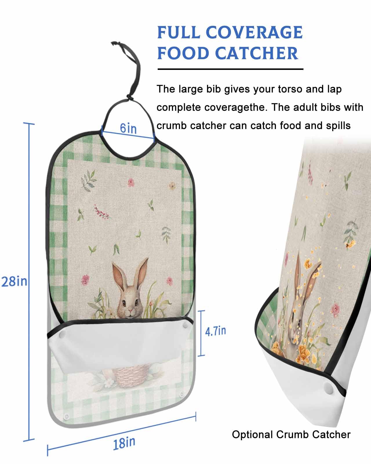 LEOKOTI Teal Easter Bunny Adult Bibs for Eating, Waterproof Bibs with Food Catcher & Adjustable Snap Closure, Spring Floral Colorful Eggs Rustic Washable Clothing Protectors Adult Bibs for Elderly