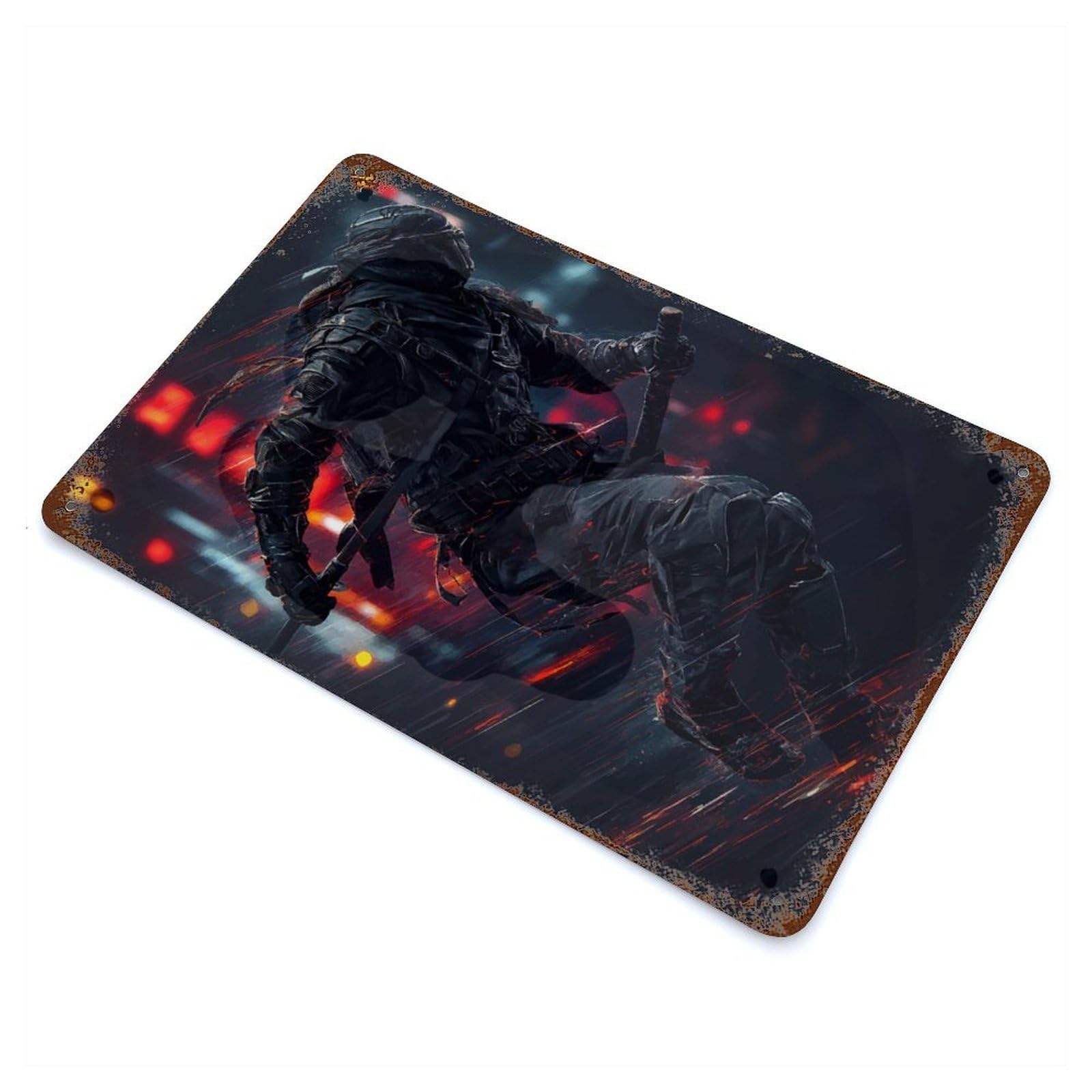 Rust Effect Ninja in Motion Distressed Metal Wall Sign 11.8"x7.9", Farmhouse Wall Decor for Office, Studio And Wall Decor