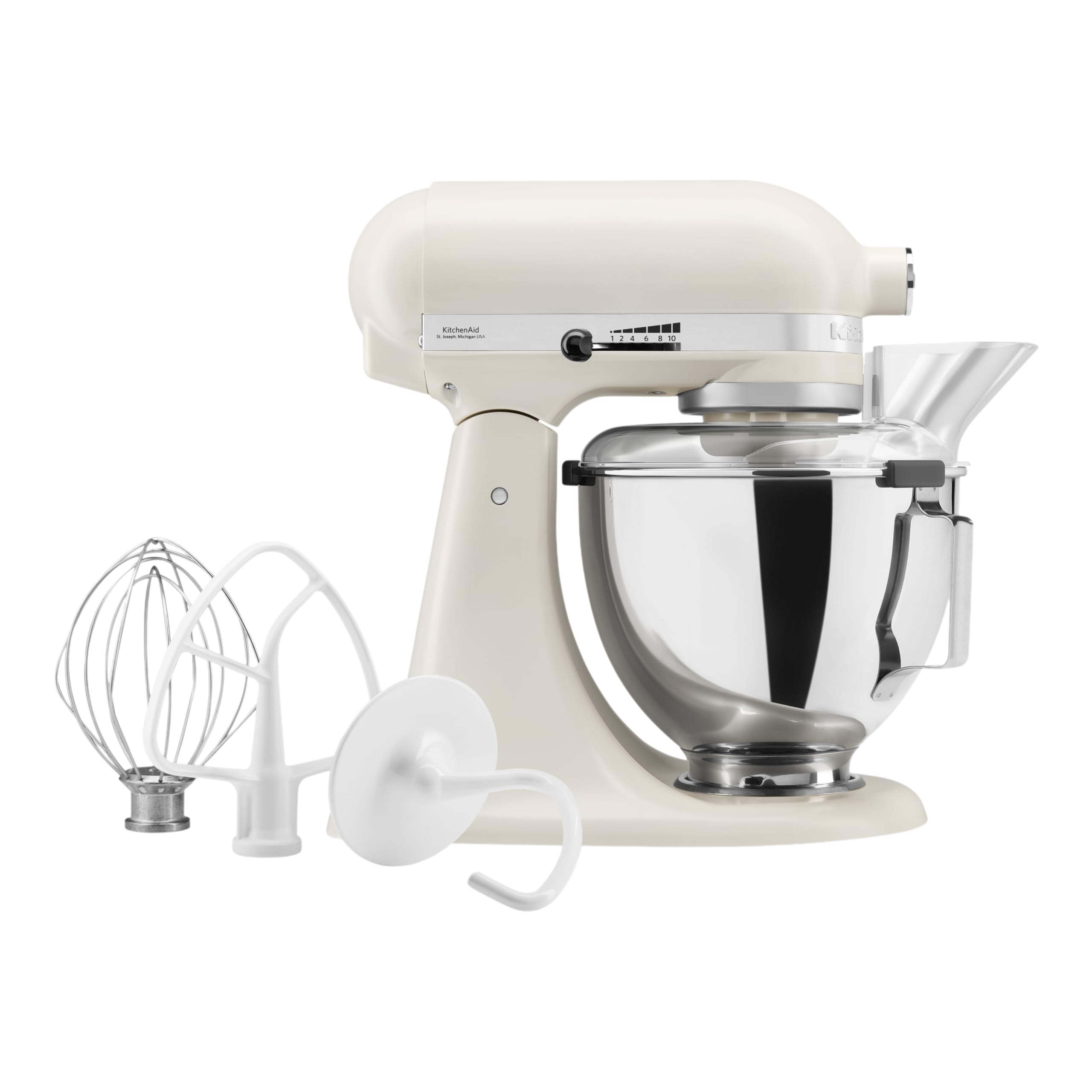 KitchenAid Classic 4,3L Küchenmaschine mit Schwenkkopf, 10 Stufen mit Sanftanlauf, Flachrührer, Knethaken & Schneebesen, Planetenrührwerk, 59 Schüsselkontaktpunkte, Porcelain White